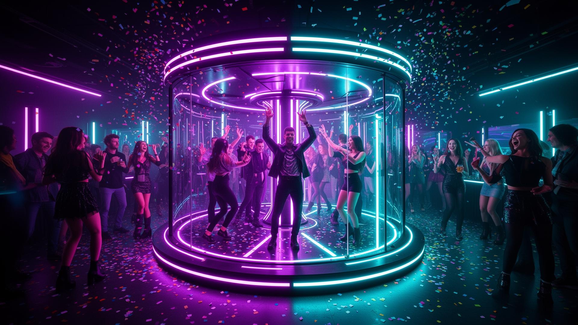 360 Digital Mayhem photo booth experience with neon lights and party atmosphere