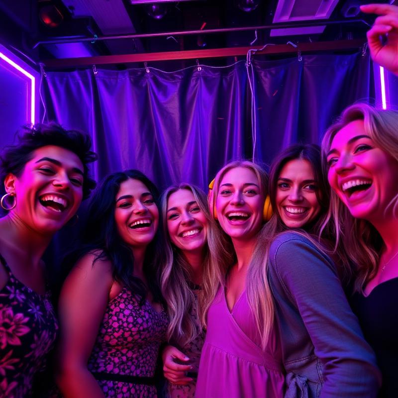 Friends having fun at a party with neon lights